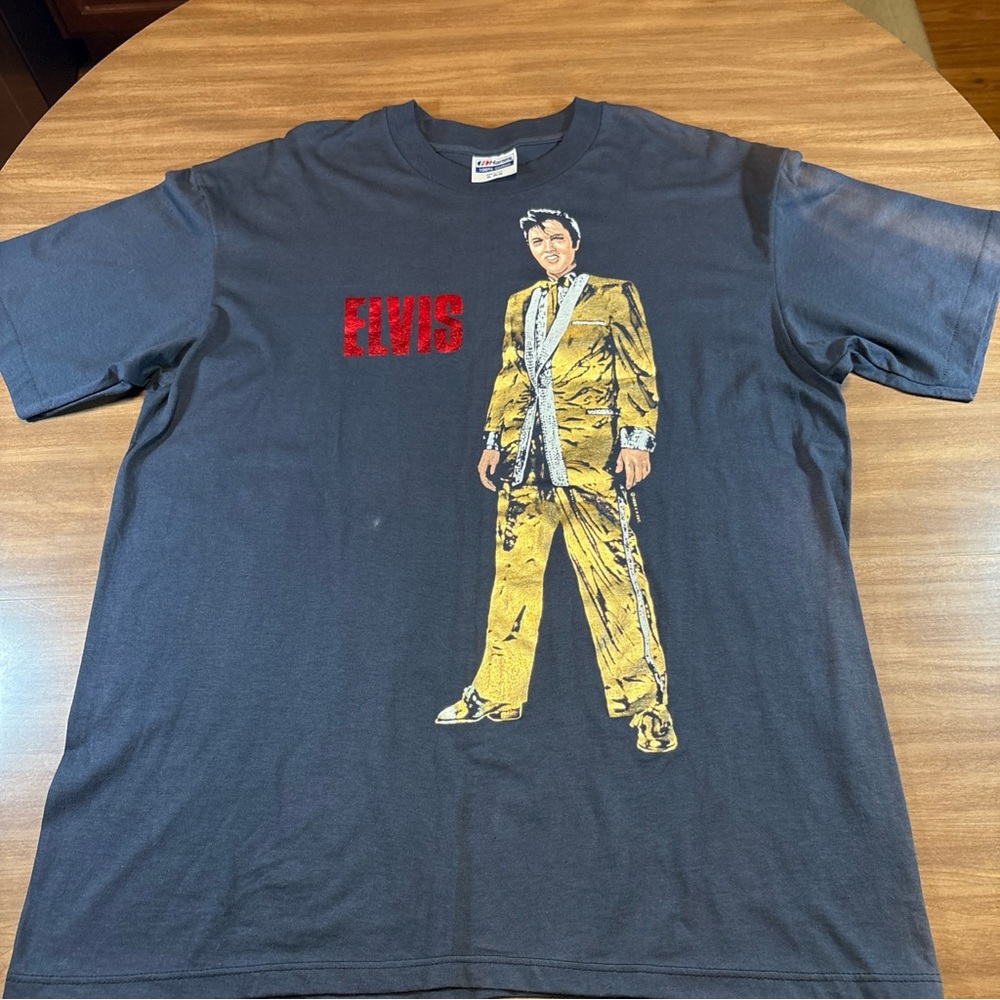 Vintage 1989 Elvis Presley Gold Suit T-Shirt Size XL Black Graphic Tee USA